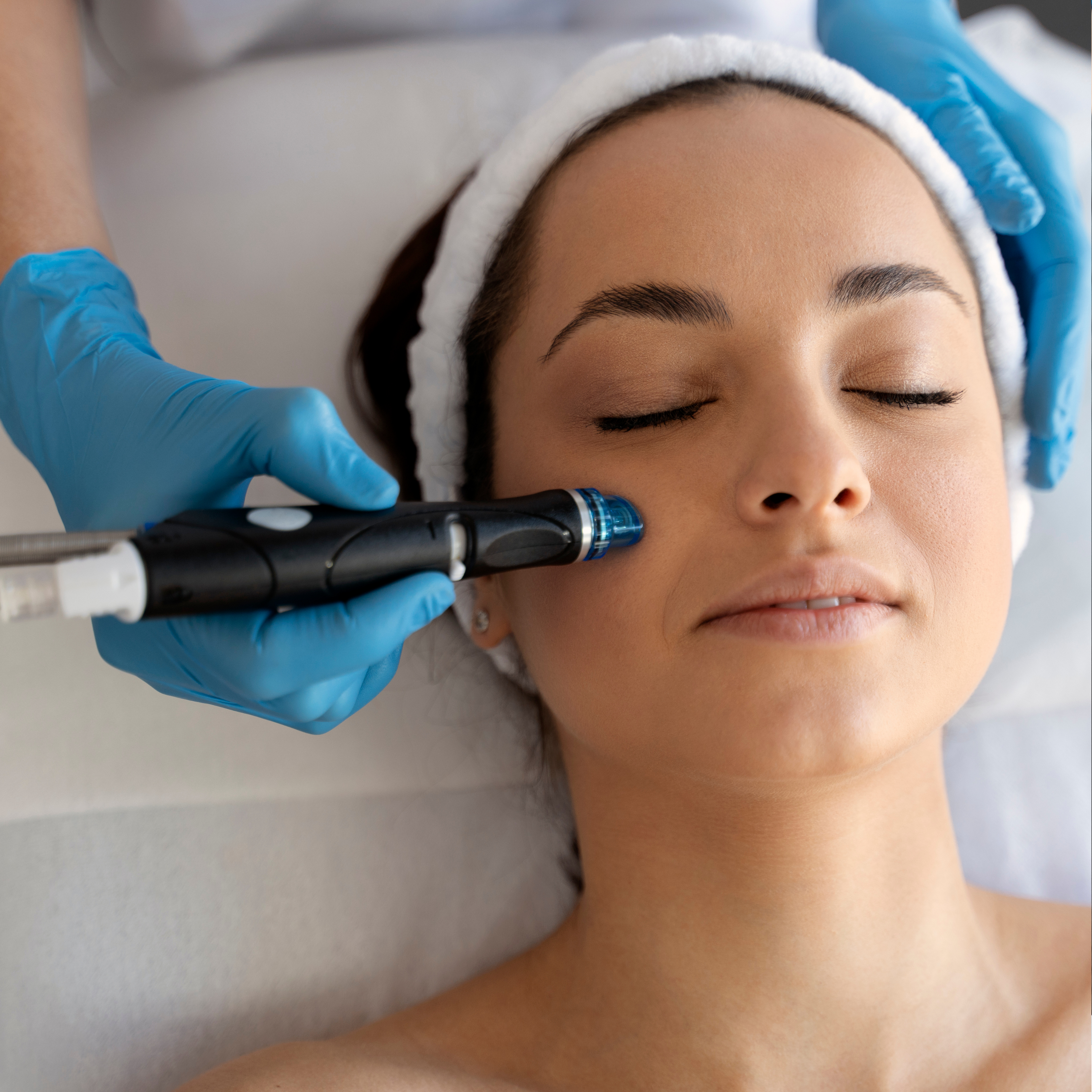 Aesthetician performing HydraFacial treatment on a client, targeting skin rejuvenation and hydration for a glowing complexion.